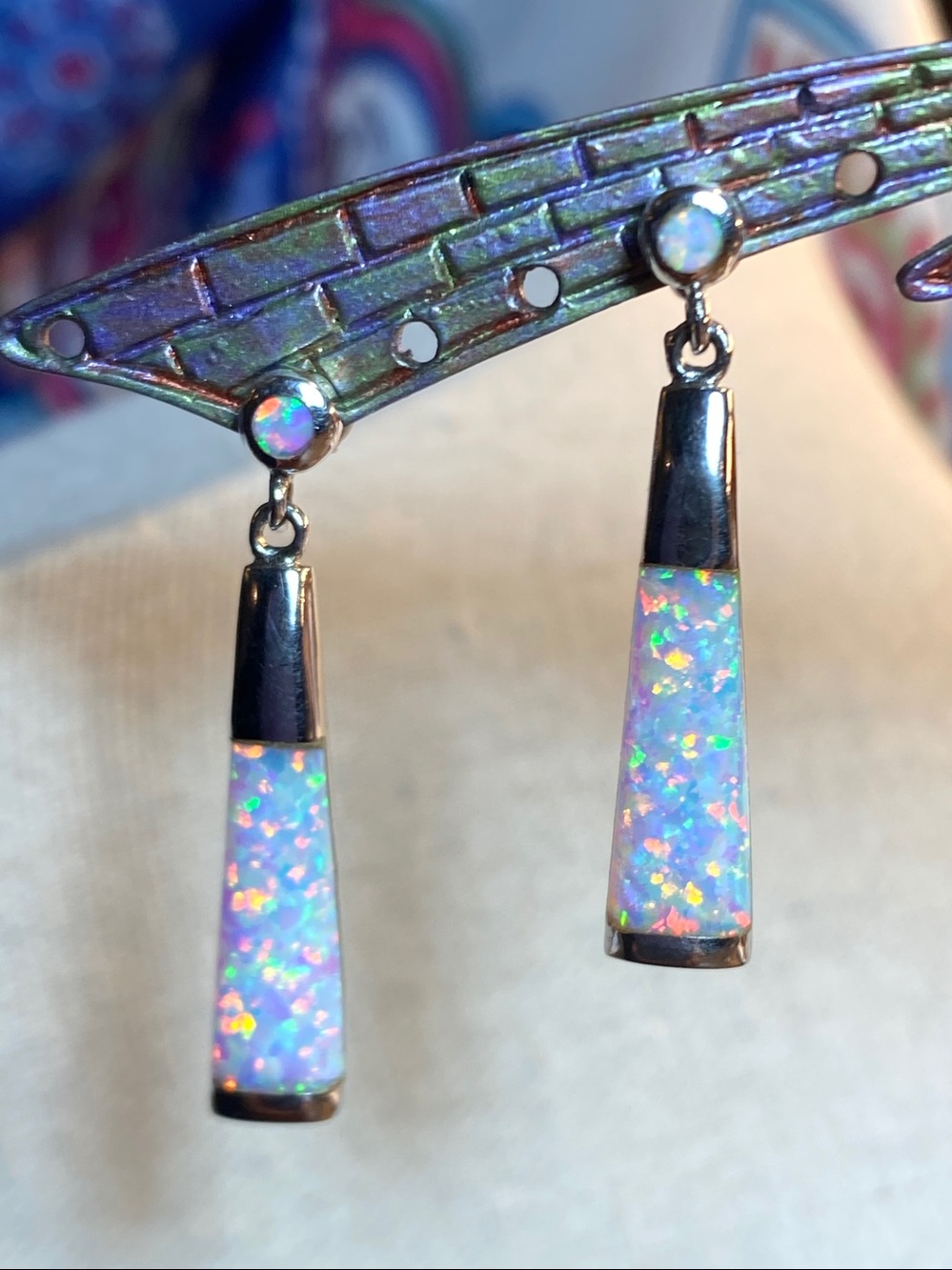 Vintage 925 Sterling Silver Opal Inlay Dangle Earrings 3cm